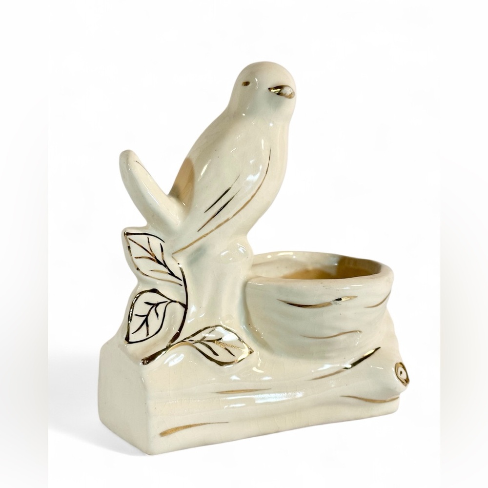 1920s Shawnee Pottery Ceramic Bird on Nest
Planter Creamy White with Gold